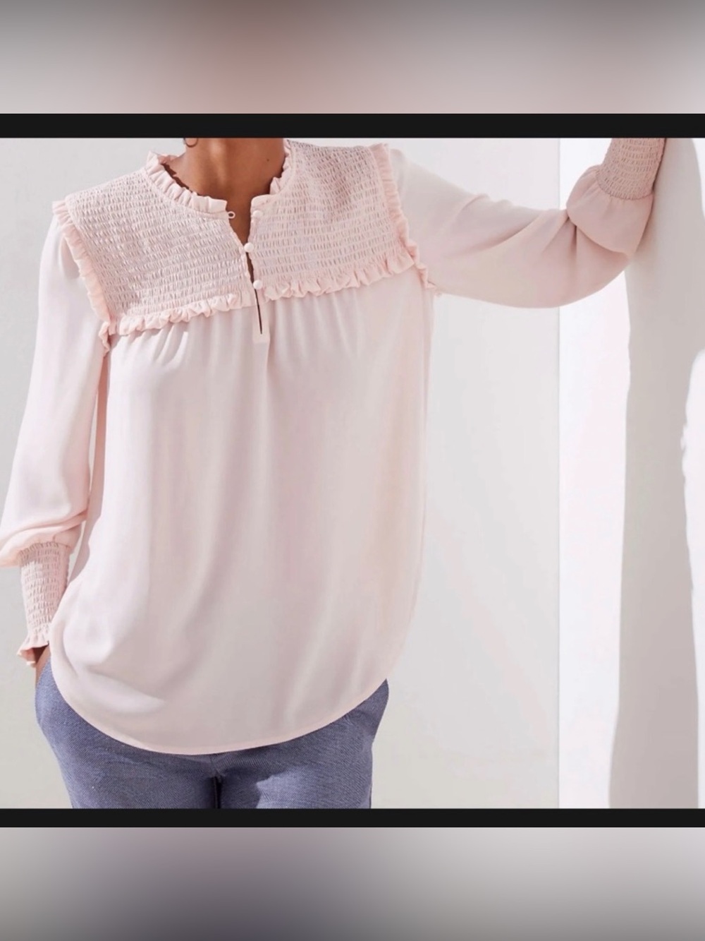 NWT LOFT Smocked Ruffle Blouse Womens XS Pink Cottagecore Coquette